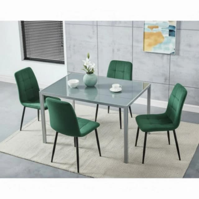 Kosy Koala Modern Grey Glass Dining Table Set With 4 Green Velvet Chairs Dining Room Furniture