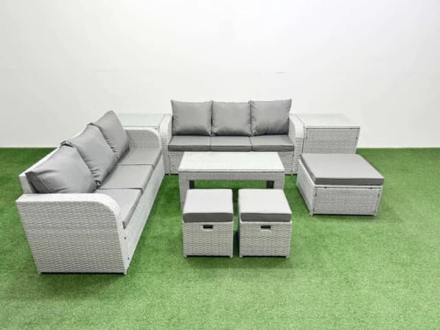 Fimous Outdoor Garden Furniture Sets 9 Seater Wicker Rattan Furniture Sofa Sets with Oblong Coffee Table high Back Lounge Sofa 3 Stools 2 Side Table L