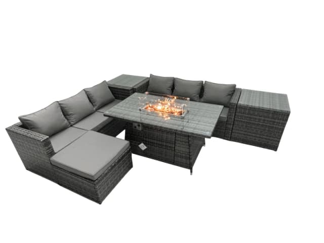 Fimous Rattan Garden Furniture Firepit Dining Set 6 Seater Lounge Sofa Table Set with 2 Side Tables Footstool Dark Grey