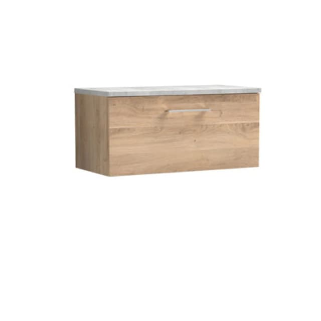 Nuie Arno Wall Hung 1-Drawer Vanity & Bellato Grey Laminate Worktop, Stylish Counter Top Vanity Unit In Bleached Oak, 800mm