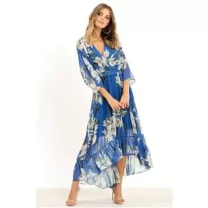 Yumi Urban Blue Floral Kimono Midi Wrap Dress - Blue
