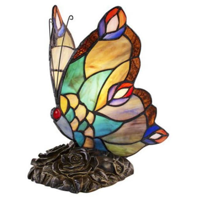 Happy Homewares Beautiful Handmade Multi-Coloured Glass Butterfly Tiffany Lamp With Bronze Base