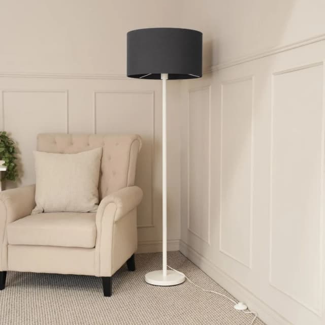 ValueLights Charlie White Metal Single Stem Floor Lamp with Fabric Drum Lamp Shade Charcoal