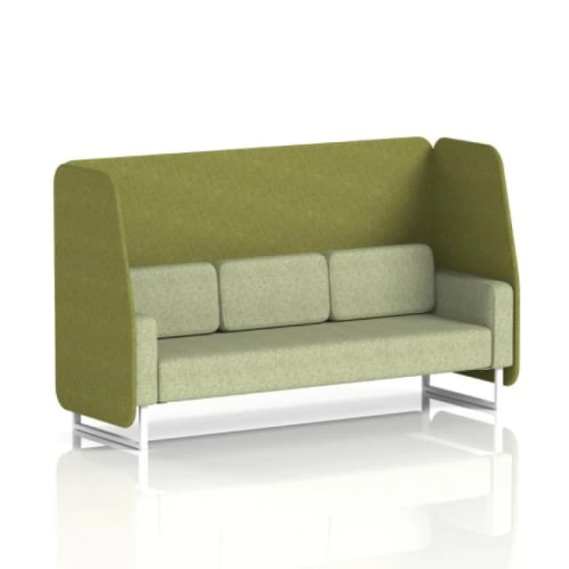 Brixworth 3 Seater Open Office Booth with White Legs in Rivet Fabric - Olive Panels and Burnish Sofa