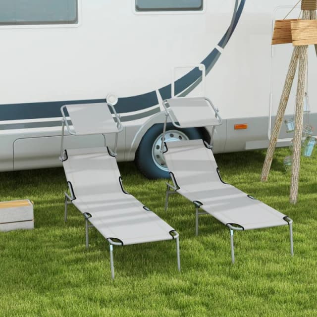 Outsunny Outsunny - Folding Sun Lounger Set of 2 w/ Sunshade Adjustable Backrest Light Grey 5056725510046