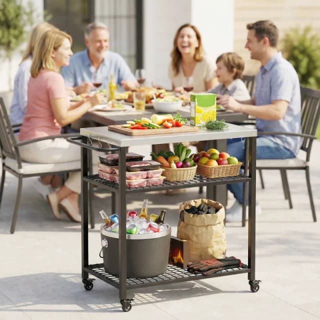 OUTSUNNY Outdoor Grill Cart, Movable Food Prep Table with Wheels, Hooks in Black Unisex
