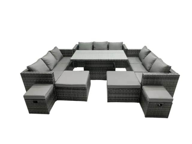Fimous Rattan Dining Table Sofa Set with 4 Stools Outdoor 13 Seat in Dark Grey Dark Grey Unisex