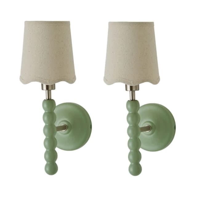 ValueLights ValueLights Bobbins Pair of Pastel Wall Lights and Natural Linen Trim Lamp Shades in Pale Green Pale Green One Size Unisex 5059406068638
