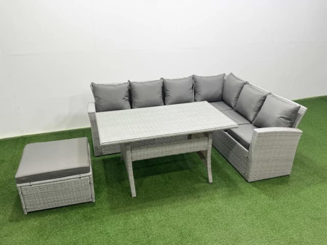 Fimous Rattan Garden Furniture Set Outdoor 7 Seater Patio Dining Corner Sofa in Light Grey Light Grey Unisex