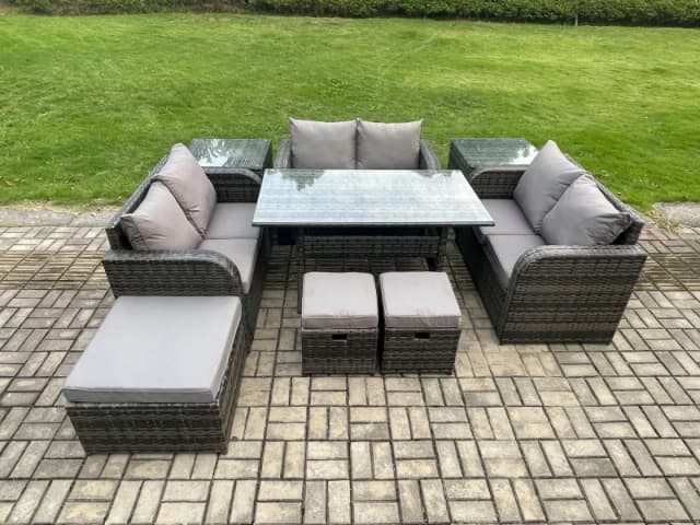 Fimous 9 Pieces Outdoor Rattan Garden Furniture Set with Patio Rectangular Dining Table Love Sofa 2 Side Tables 3 Footstools Dark Grey Mixed Dark Grey
