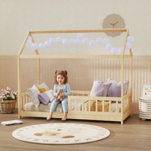 Homcom House-Shaped Kids Bed Frame Solid Pine Wood With Guard Rails, Natural