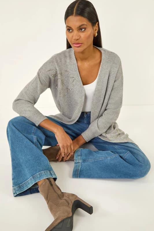 Roman Womens Floral Embellished Knit Cardigan in Grey Size: 10 Grey Female 10