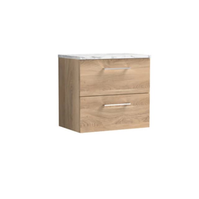 Nuie Arno Wall Hung 2-Drawer Vanity & Carrera Marble Laminate Worktop, Stylish Counter Top Vanity Unit In Bleached Oak, 600mm