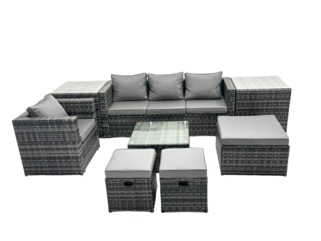 Fimous 7 Seater Patio Lounge Sofa Set with 2 Side Tables 3 Footstools in Dark Grey Dark Grey Unisex