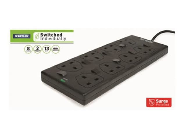 Status S8Wbspindssx4 Individually Switched Extension Lead 240V 8-Gang 13A Black 2M Sin8Sm2Bss