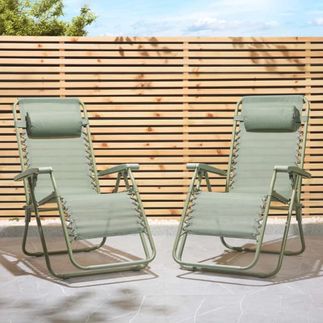 Vonhaus Zero Gravity Chairs Set Of 2, Sage Green Reclining Sun Loungers For Garden, Textilene Folding Chairs, Removable Headrest
