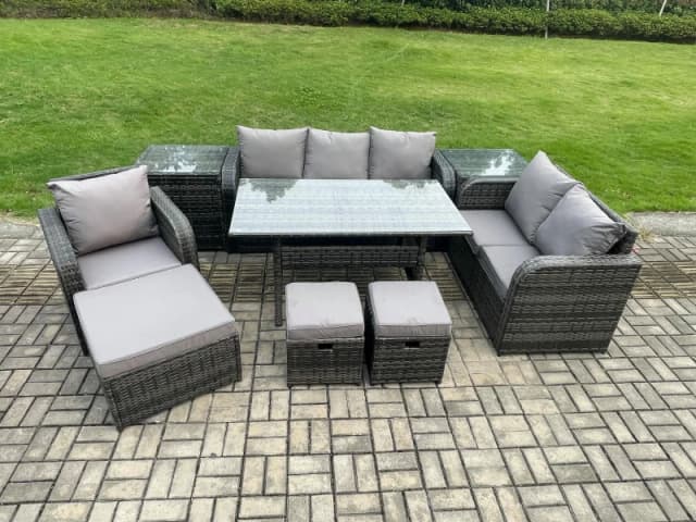 Fimous 9 Piece Garden Rattan Furniture Dining Table Sofa Set Indoor Outdoor with Reclining Chairs 2 Side Tables 3 Footstools Dark Grey Mixed Dark Grey