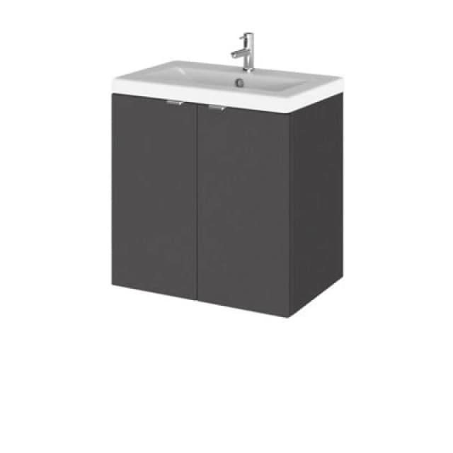 Hudson Reed Fusion Wall Hung 2 Door Vanity Unit & Ceramic Basin, Stylish Sink Vanity Unit, Gloss Grey, 500mm