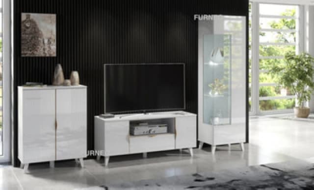 Furneo High Gloss & Matt White Living Room Set TV Stand Display Cabinet Sideboard Azzurro 8/12/14 White LED Lights