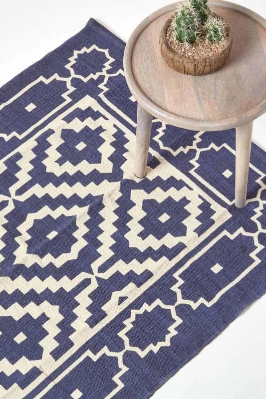 Homescapes Halmstad Blue And White Scandi Style 100% Cotton Printed Rug, 160 X 230 Cm