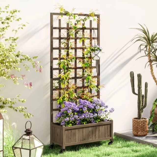Outsunny Wooden Trellis Planter - Raised Garden Bed with Wheels and Bed Liner TJ Hughes 5063603006720