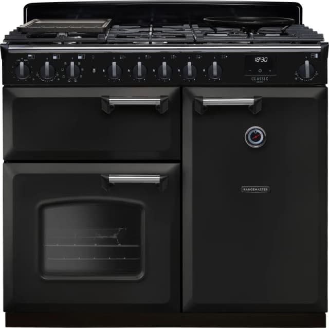 Rangemaster Classic Deluxe 100 Dual Fuel CLDL100DFPCBL/CM1 100cm wide Dual Fuel Range Cooker with Gas Hob - Charcoal Black / Chrome - A/A Rated