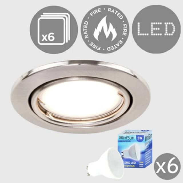 ValueLights Downlight Tiltable Fire Rated Ceiling Light Fitting 6 Pack With Warm White Bulbs Silver