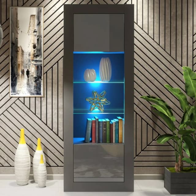 Creative Furniture Illume Display Cabinet 170cm - Dark Grey with Gloss Doors, LED Lights Dark Grey Unisex