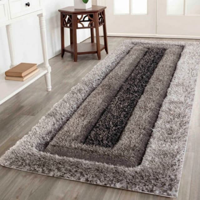 Modern Soft Bordered Shimmer Shaggy Area Rugs Grey 60X220 Cm