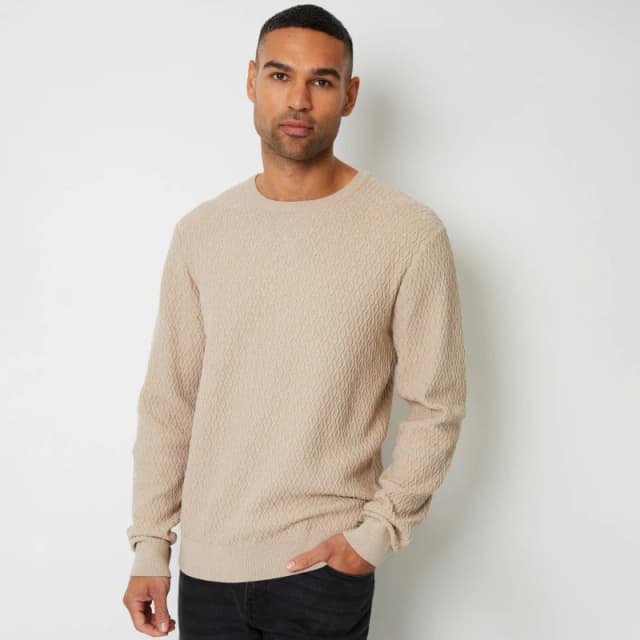 Threadbare 'Staleyhall' Mini Cable Knit Crew Neck Jumper Beige