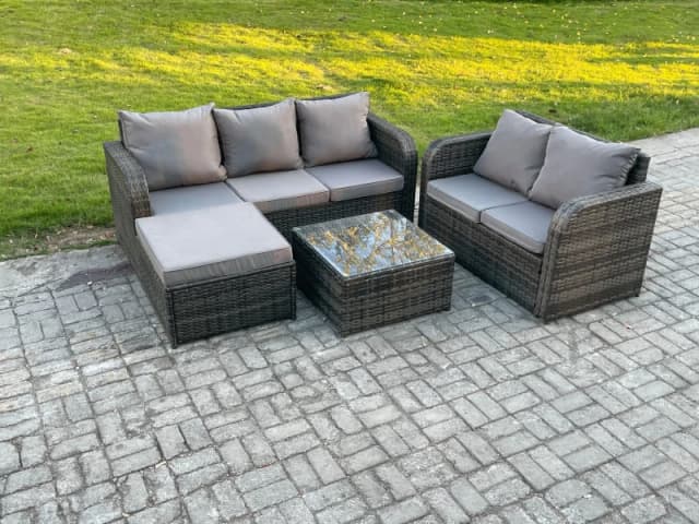 Fimous PE Rattan Garden Furniture Sets 6 Seater Outdoor Lounge Sofa Set Square Coffee Table Big Footstool Dark Grey