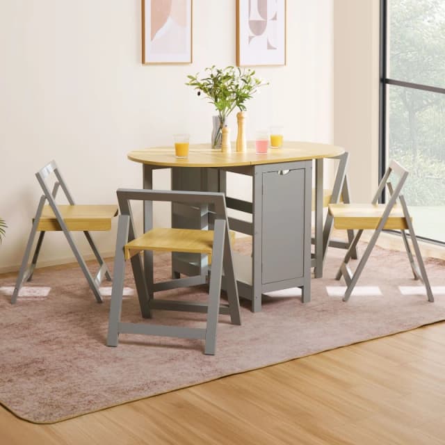Vonhaus Foldable Table And Chairs Set 4, Grey Dining Room Set With Drop Leaf Table & Folding Chairs, Butterfly Dining Set, Firbeck