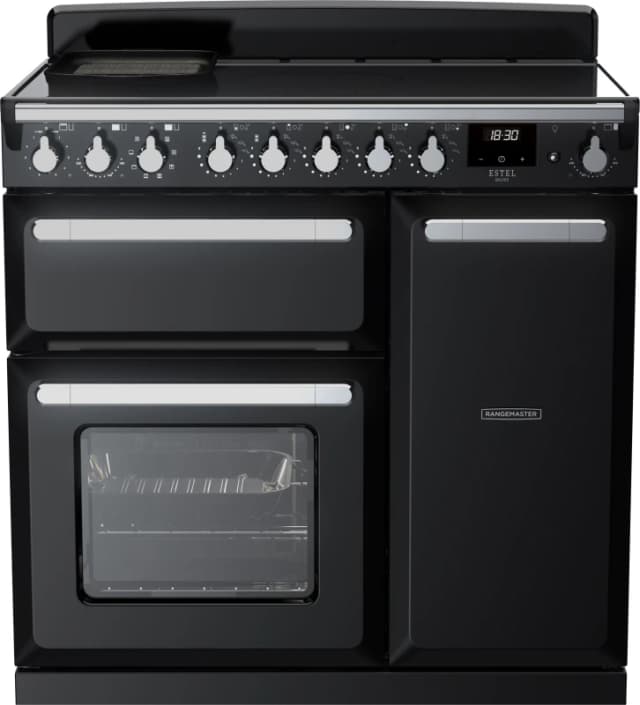 Rangemaster Estel Deluxe ESDL90EIPGBL/CM1 90cm Electric Range Cooker with Induction Hob - Black / Chrome - A/A Rated