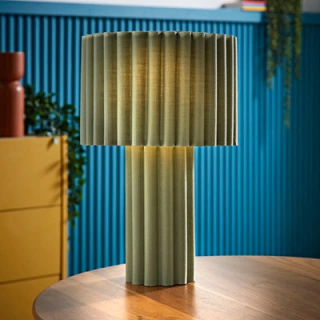 ValueLights ValueLights Lenny Drum Lamp Shade Colour Drench Ribbed Fabric Table Lamp with Bulb in Pale Green Pale Green One Size Unisex 5059406066580