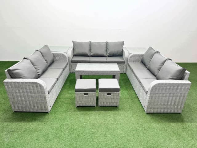 Fimous PE Rattan Lounge Sofa Set 11 Seater Outdoor Garden Furniture Set with Oblong Coffee Table 3 Seater Sofa 2 Stools 2 Side Table Light Grey Light