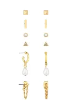 Gold Crystal And Pearl Contemporary Mixed Earrings - Pack of 6