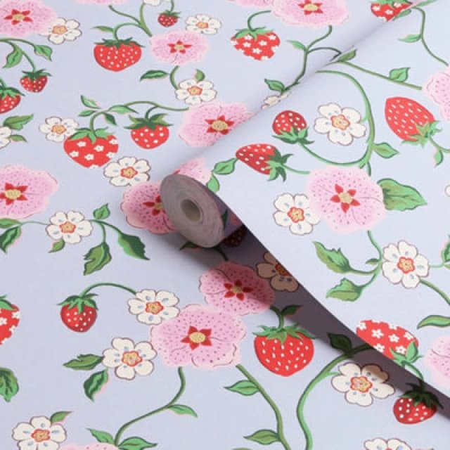 Cath Kidston Strawberry Summer Floral Wallpaper Wallpaper One Size Blue 71752118000