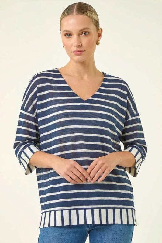 Roman Womens Stripe Print V-Neck Tunic Top in Navy Size: 20 Navy Female 20