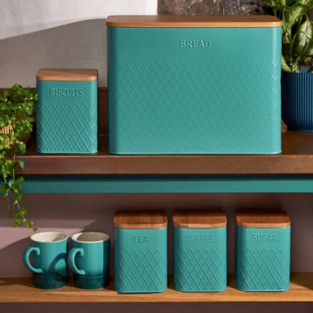 Cooks Professional 5 Piece Tea, Coffee, Sugar, Biscuit & Bread Square Cannister Set With Bamboo Lids & Diamond Pattern - Teal