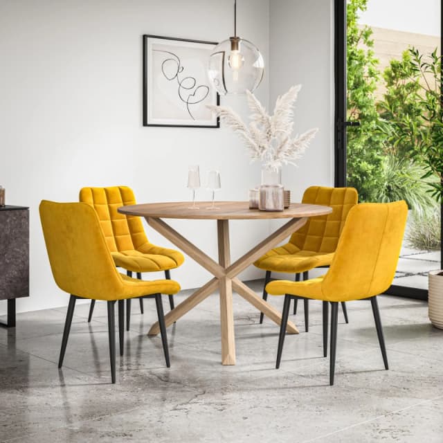 More4Homes Malvern Round Dining Table And Chairs - Oak Table Top W Solid Oak Legs + Nova Velvet Dining Chair Set Of 4 (Mustard)