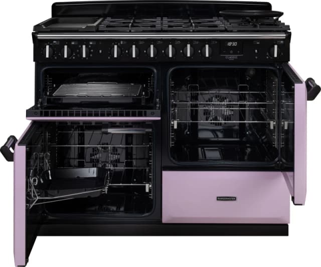Rangemaster Classic Deluxe 110 CLDLO110DFPHTH/CM1 110cm wide Dual Fuel Range Cooker with Gas Hob - Heather / Chrome - A Rated