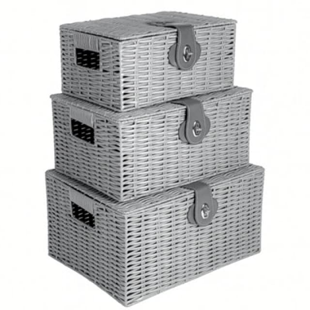 Innoteck Essentials Wicker Woven Storage Baskets With Lid (Set Of 3) - Grey.