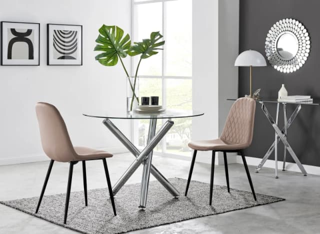 FurnitureboxUK FurnitureboxUK Selina Round Glass Chrome Leg Dining Table and 2 Corona Black Leg Chairs in Beige Size: 2 Person Beige 2 Person Unisex
