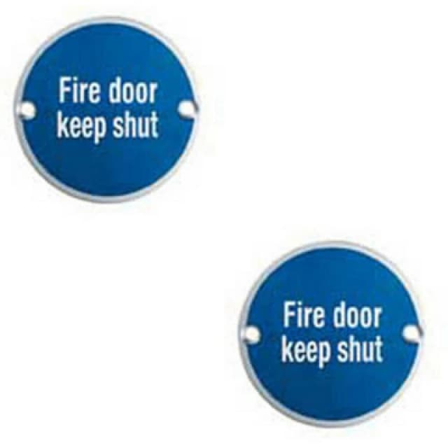 Loops 2x Fire Door Keep Shut Sign 64mm Fixing Centres 76mm Dia Satin Steel Metallics