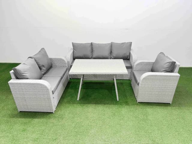 Fimous Patio Dining Table & Chairs Set with 3 Seater Sofa Reclining Chair in Light Grey Light Grey Unisex
