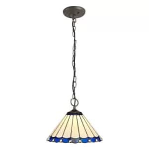 3 Light Downlighter Ceiling Pendant E27 With 30cm Tiffany Shade, Blue, Crystal, Aged Antique Brass - Luminosa Lighting