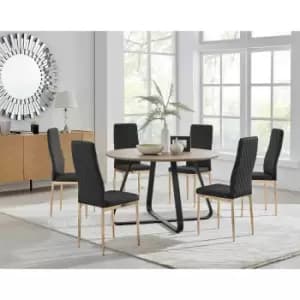 Furniture Box Santorini Brown Round Dining Table and 6 Black Gold Leg Milan Chairs
