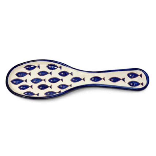 Verano Spanish Ceramics Signature Blue & White Fish Hand Painted Ceramic Utensil Spoon Rest (L) 28Cm