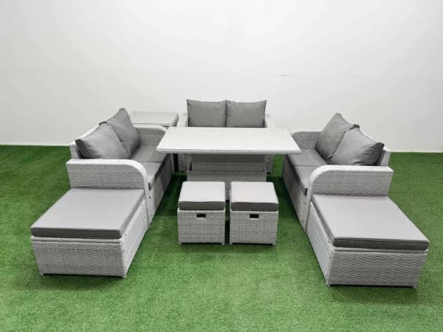 Fimous 9 PCs Rising Dining Table Set Inclining Love Sofa Seat Big Footstool in Light Grey Light Grey Unisex