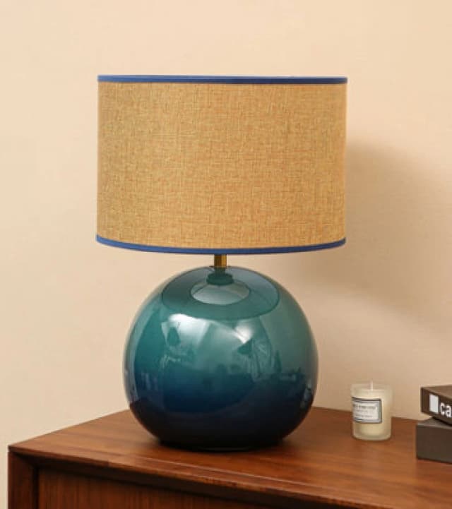 K Living Lata Blue Ceramic Table Lamp 44Cm Tall Glossy Glazed Base With Textured Fabric Shade